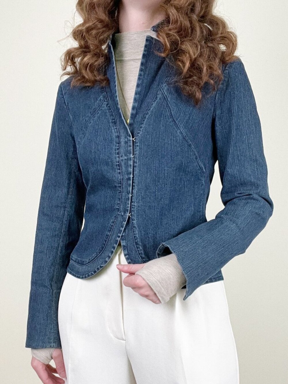 Vintage 90s Y2K Denim Jean Jacket Blazer Crop Coat Flare Cropped 1990's 2000's
